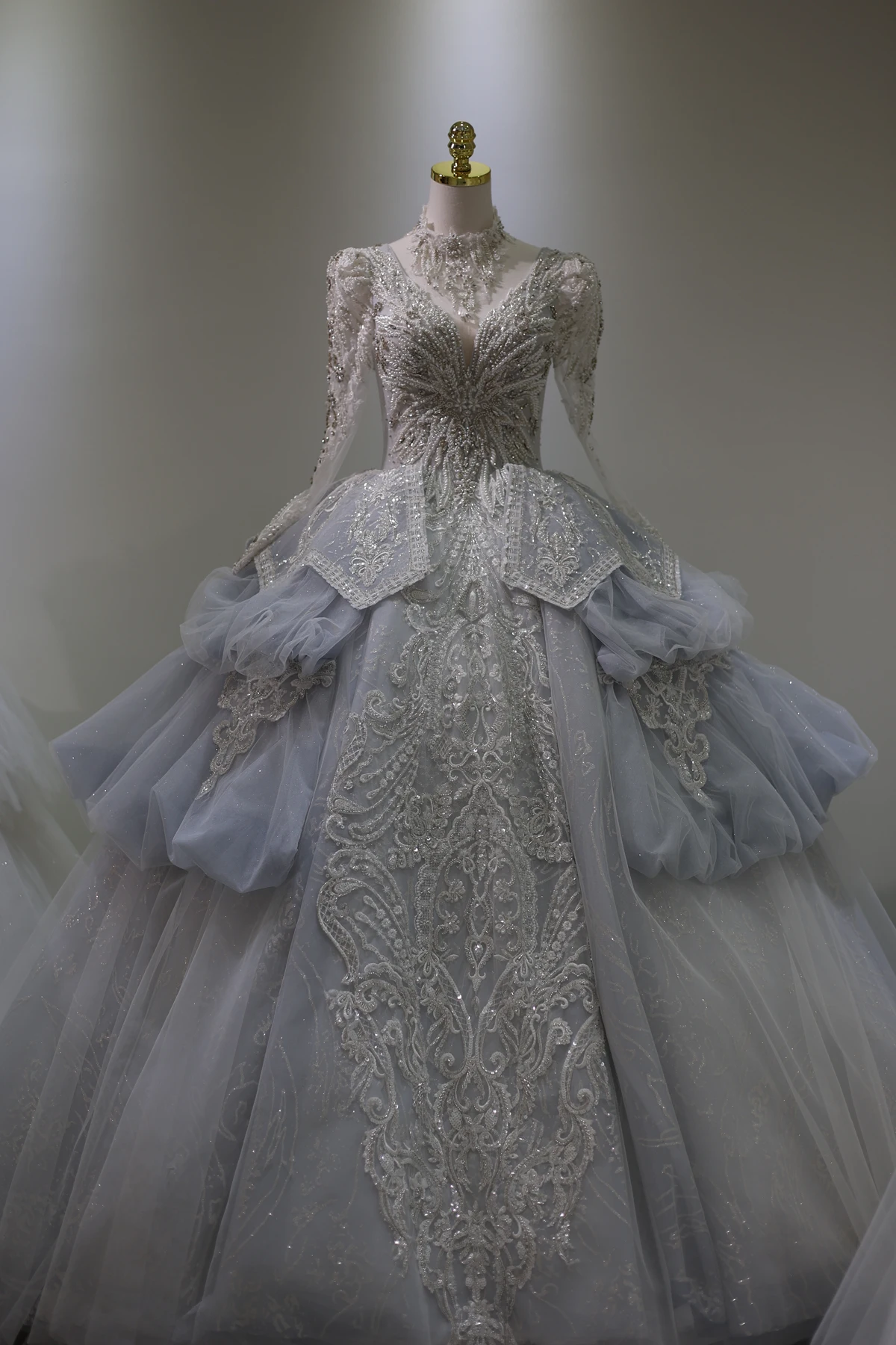 Sharon Said Gaun Pengantin Gaun Pesta Biru Cinderella Dubai Mewah dengan Kalung Renda Applique Kereta Kapel RS008 Disesuaikan