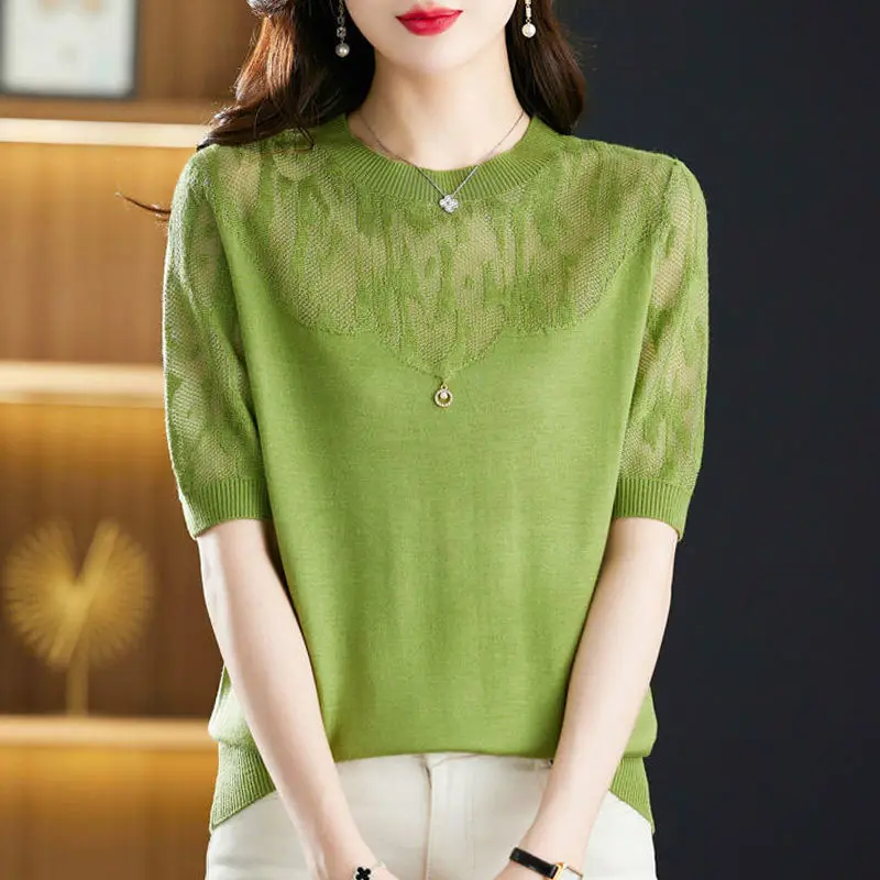 

Fashion O-Neck Knitted Lace Hollow Out T-Shirts Women Clothing 2024 Summer New Loose Casual Tops Solid Color Commuter Tee Shirt