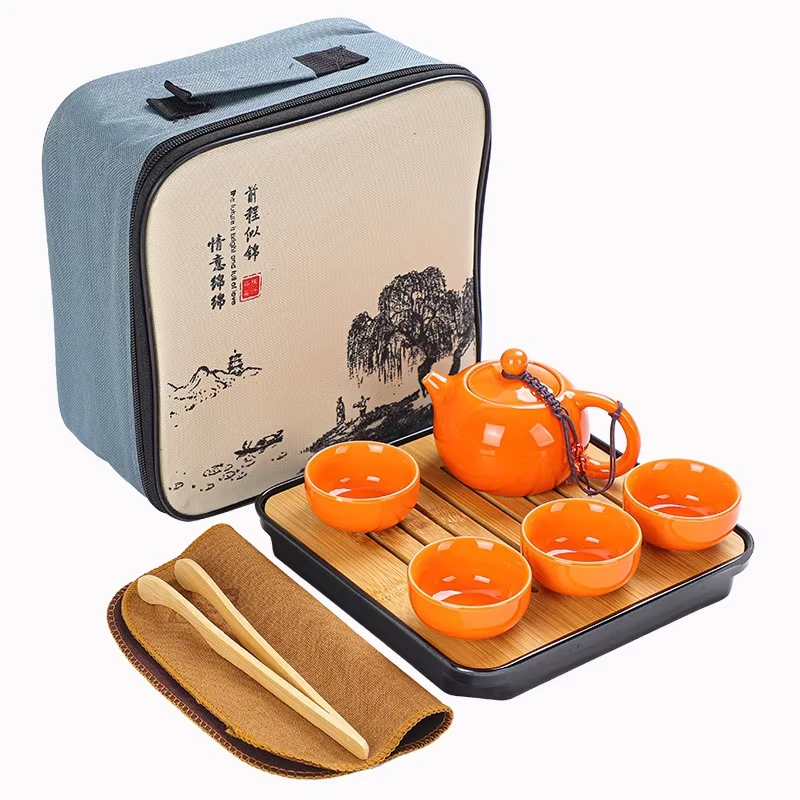Chinese Kung Fu Travel Set, Ceramic Portable Teapot, Porcelain Teaset, Gaiwan Tea Cups, Tea Tool with Travelling Bag, 4 Cups view 2