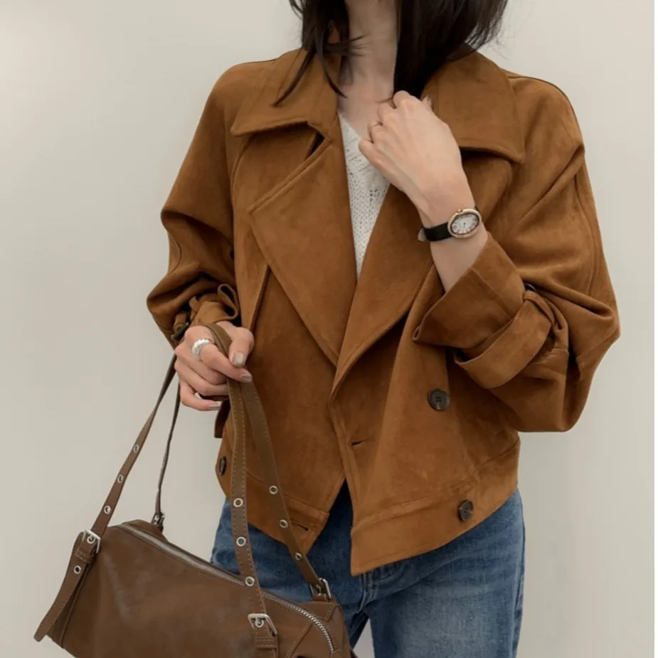 

Женское двубортное замшевое пальто Jaet, осень-зима, винтажное пальто с воротником высокого качества Sensation для поездок на работу, длинное пальто све