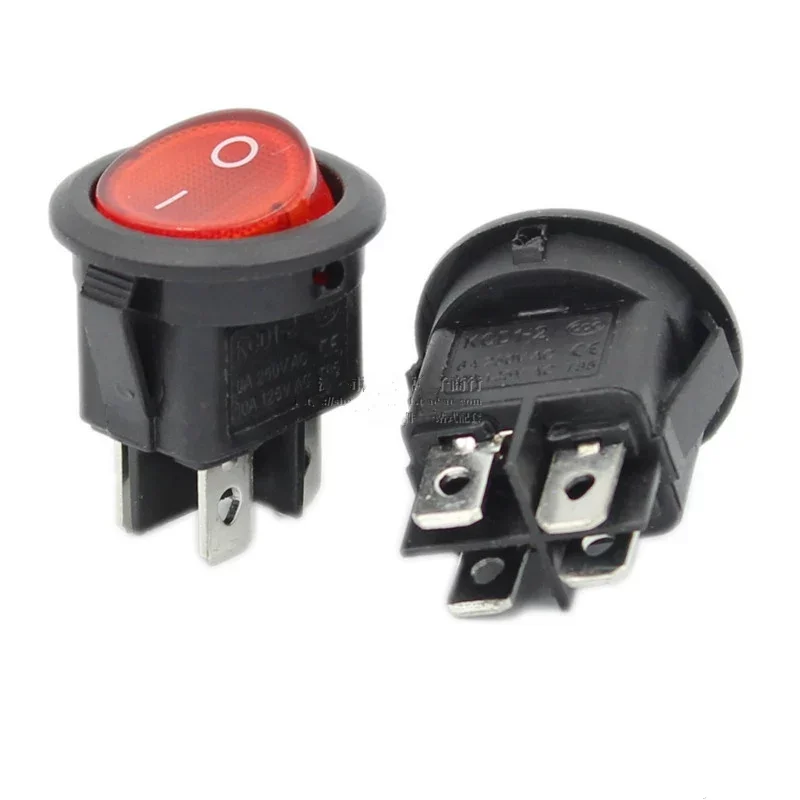 10Pcs 23mm Round Red Light 4 Pin 10A/125V 6A/250V AC 2 Position DPDT ON-OFF KCD1 Rocker Switch Snap-in KCD1-224