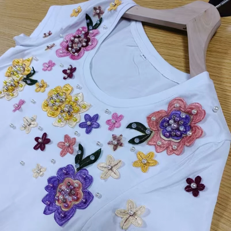 Новинка в тренде, лето 2025 года, хлопковая футболка с цветочной вышивкой, женская одежда, футболки с графическим рисунком, топы, футболки
