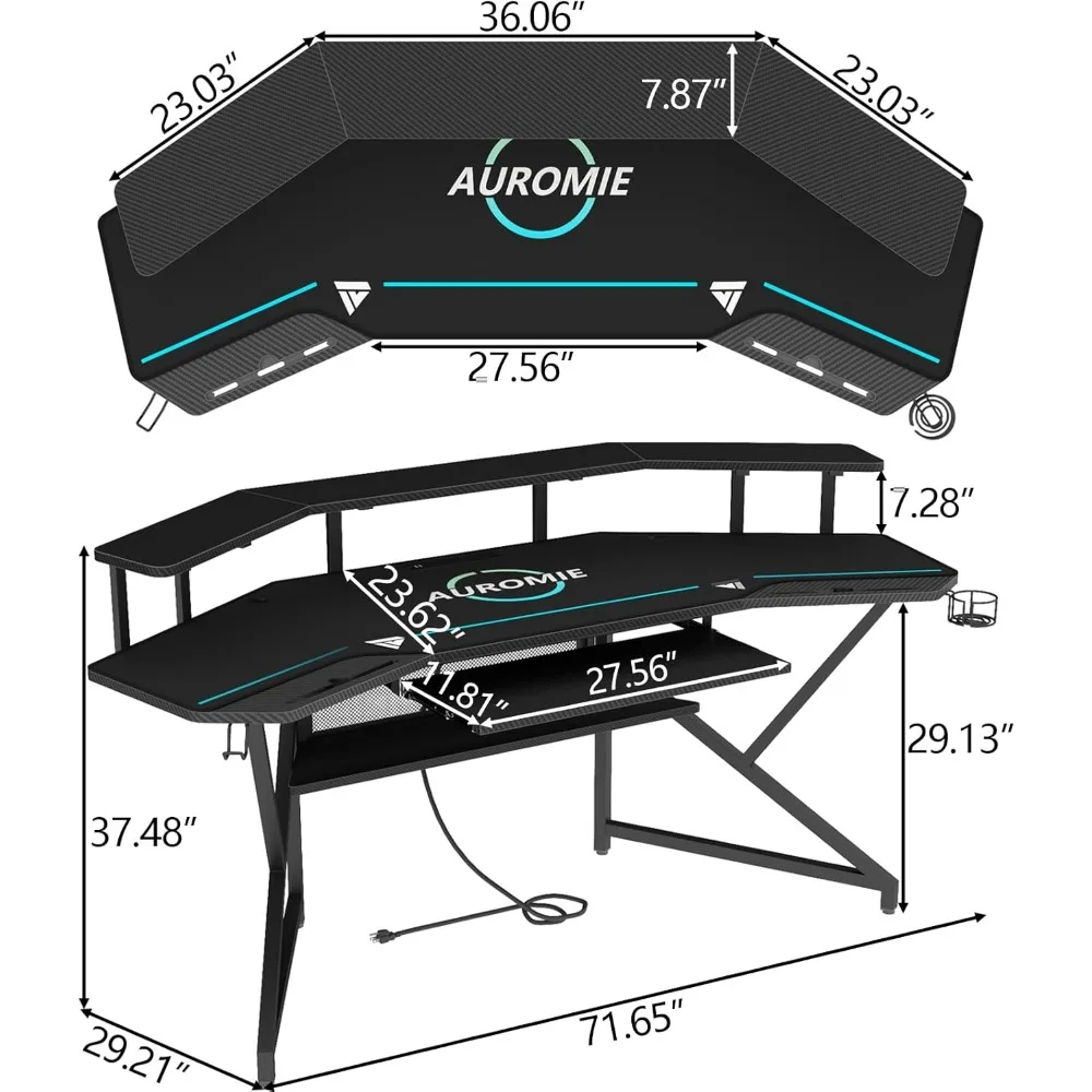 Gaming Desk with Power Outlet & LED Light, 72" Large Wing-Shaped Computer Desk w Monitor Stand & Keyboard Tray & Full-Size Mouse