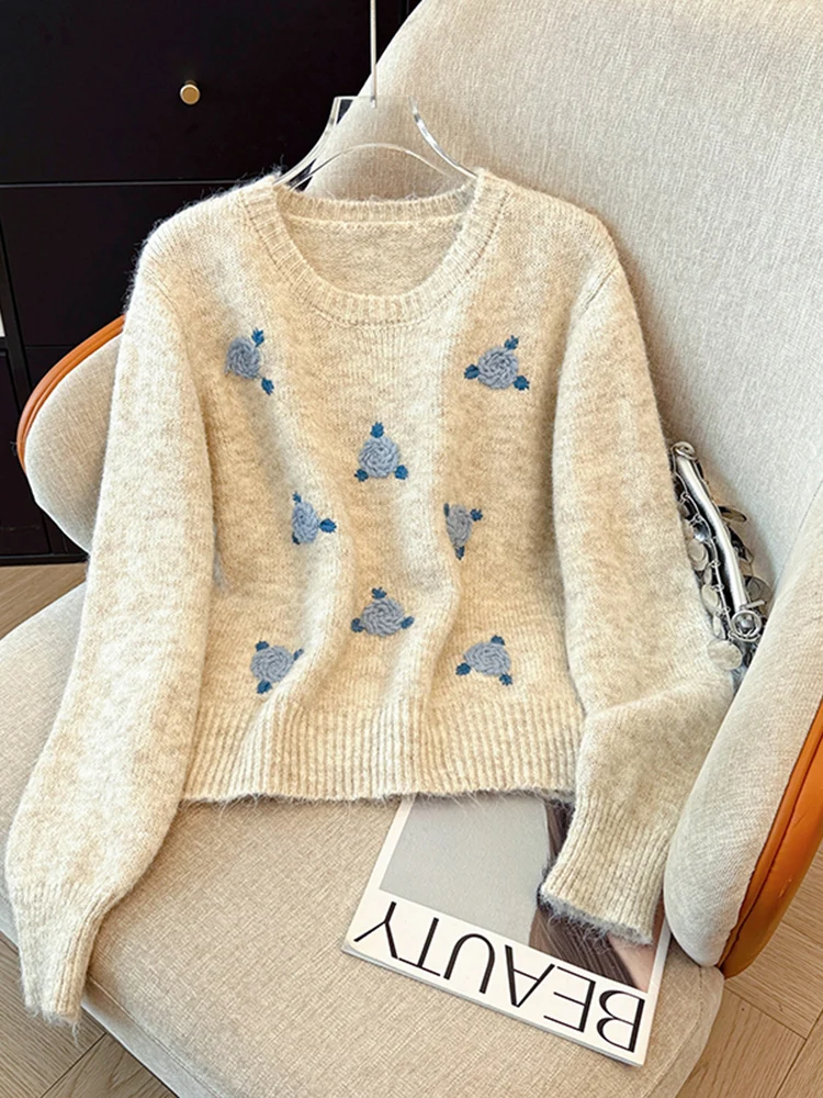 

Женский вязаный свитер с круглым вырезом и вышивкой цветов, облегающий топ, осенне-зимняя новинка, удобный, в стиле lazy fashion
