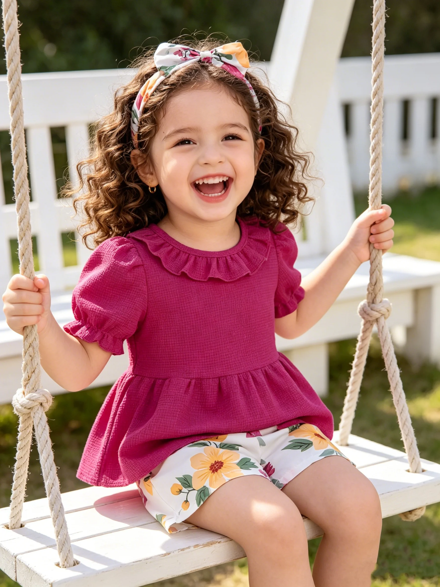 Summer Baby Girl Dragonfruit Color Bubble Sleeve Set with Lace Trim Top + Floral Shorts + Hairband Three-piece Ensemble