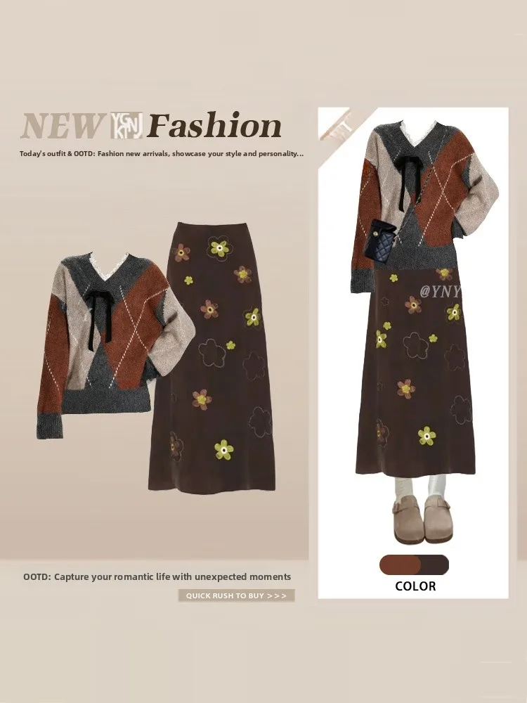 

Retro Knitted Winter Sweater with Bow Tie Long Wrap Skirt Set for Women High Waist Midi Skirt V Ne Long Sve Faion Set