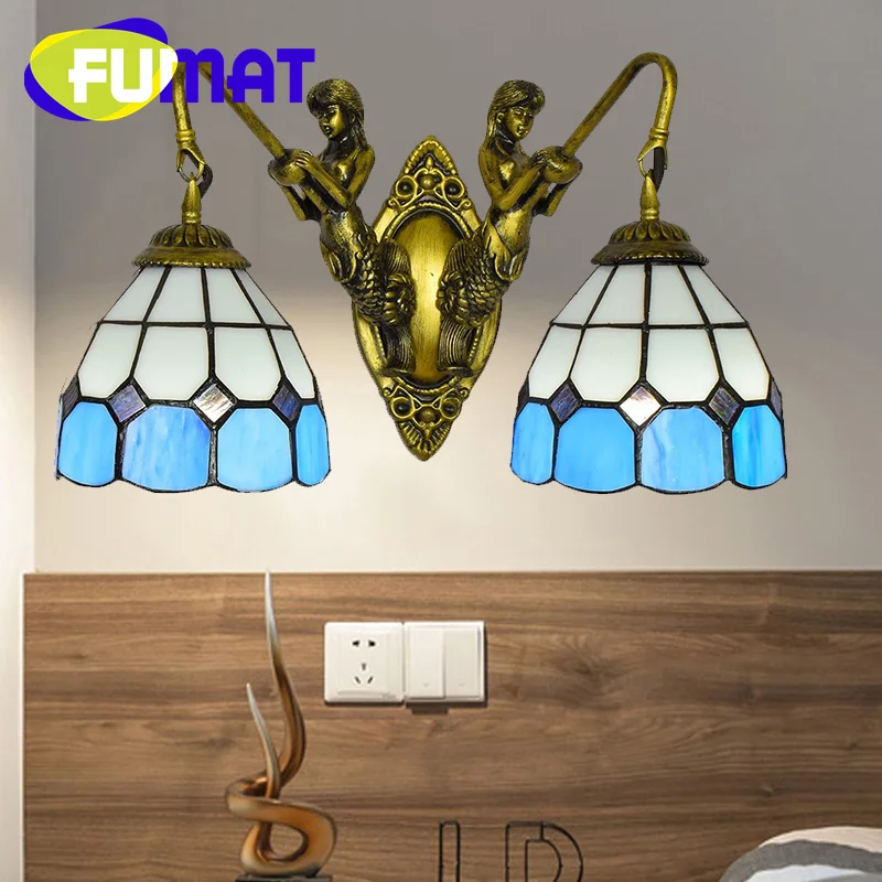 FUMAT Tiffany style stained glass 6inch blue lattice Mediterranean Mermaid double head wall light dining room bedroom LED decor