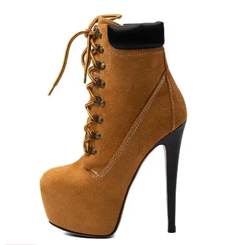Women Camel Suede Platform Ankle Boots Front Lace‑up Contrast Black Cuff 16 CM Stiletto Heels Round Toe High Heel Booties