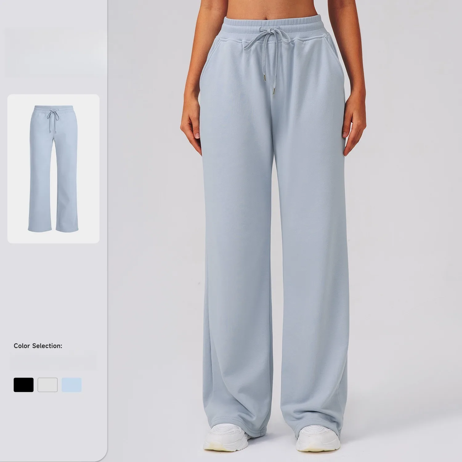 Women High Waist Drawstring Wide Leg Straight Sports Pants Loose Casual Yoga Fitness Running Activewear Trousers