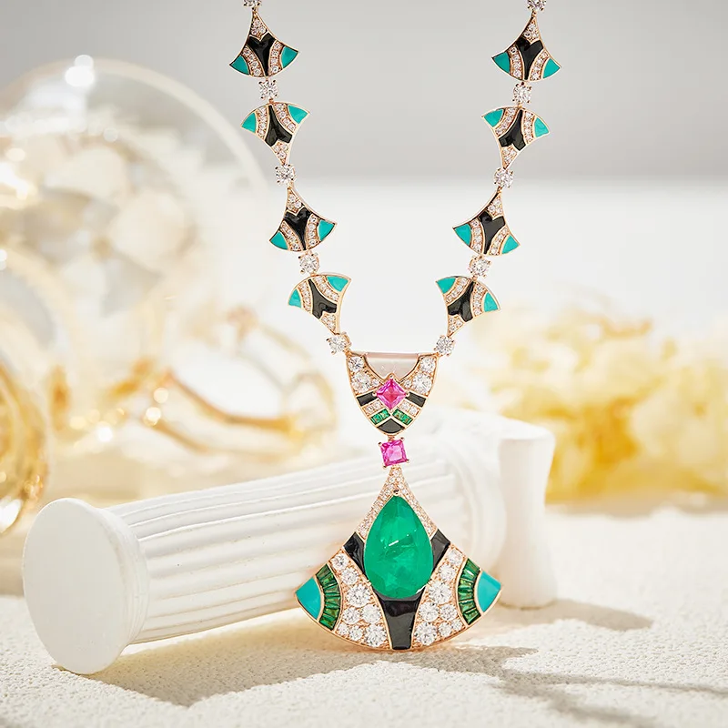 Designer Collection Dinner Party Necklace Inlay Cubic Zircon Synthetic Paraiba Tourmaline Enamel Fanshaped Pendant Chain