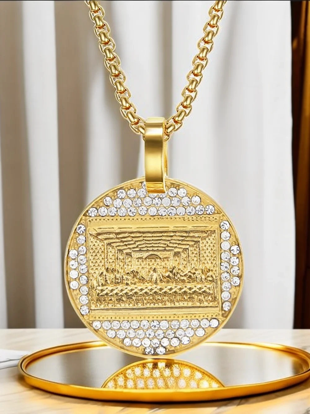 Stainless Steel Last Supper Pendant Gold Color Iced Out Bling Zircon Round Necklace For Men Father\'s Day Gift Hip Hop Jewelry