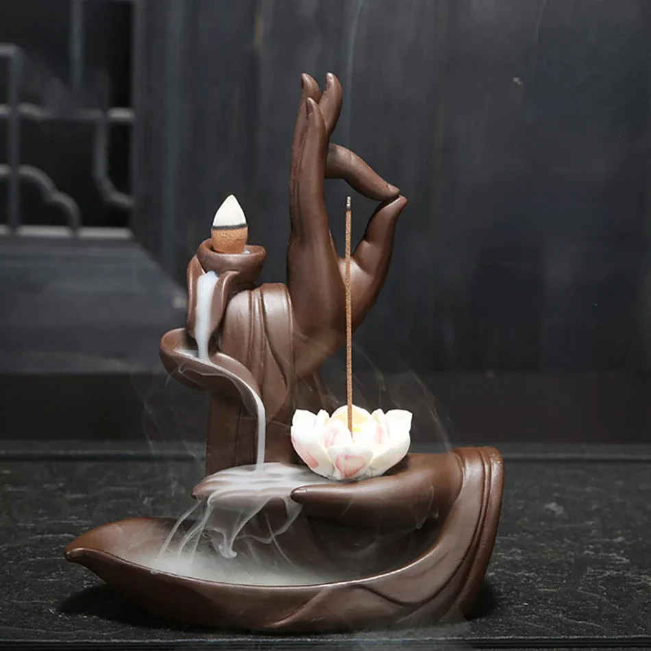 Ceramic Handicraft Buddha Hand Backflow Incense Burner Incense Stick Holder Lotus Censer Office Tea House Decorate -No Incense