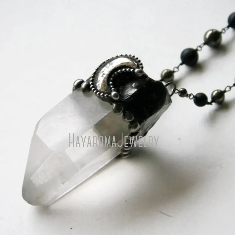 NM43248 Massive Quartz Crystal Pyrite Moon Necklace  Crescent  Statement  Halloween