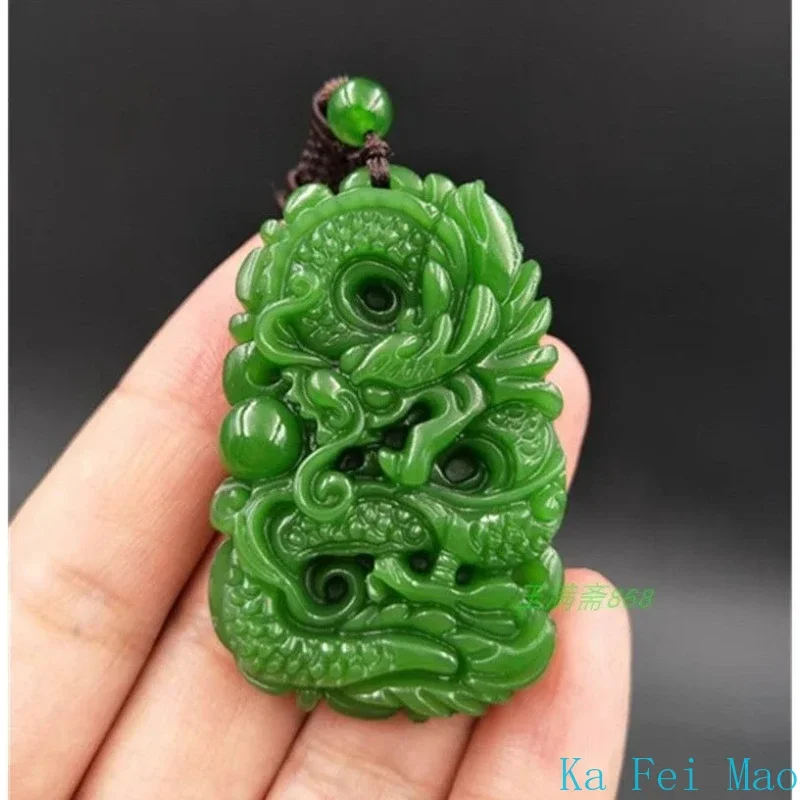 Natural Green Jade Dragon Pendant Necklace Jewellery Fashion Accessories Hand-Carved Man Luck Amulet Gifts Woman Sweater Chain