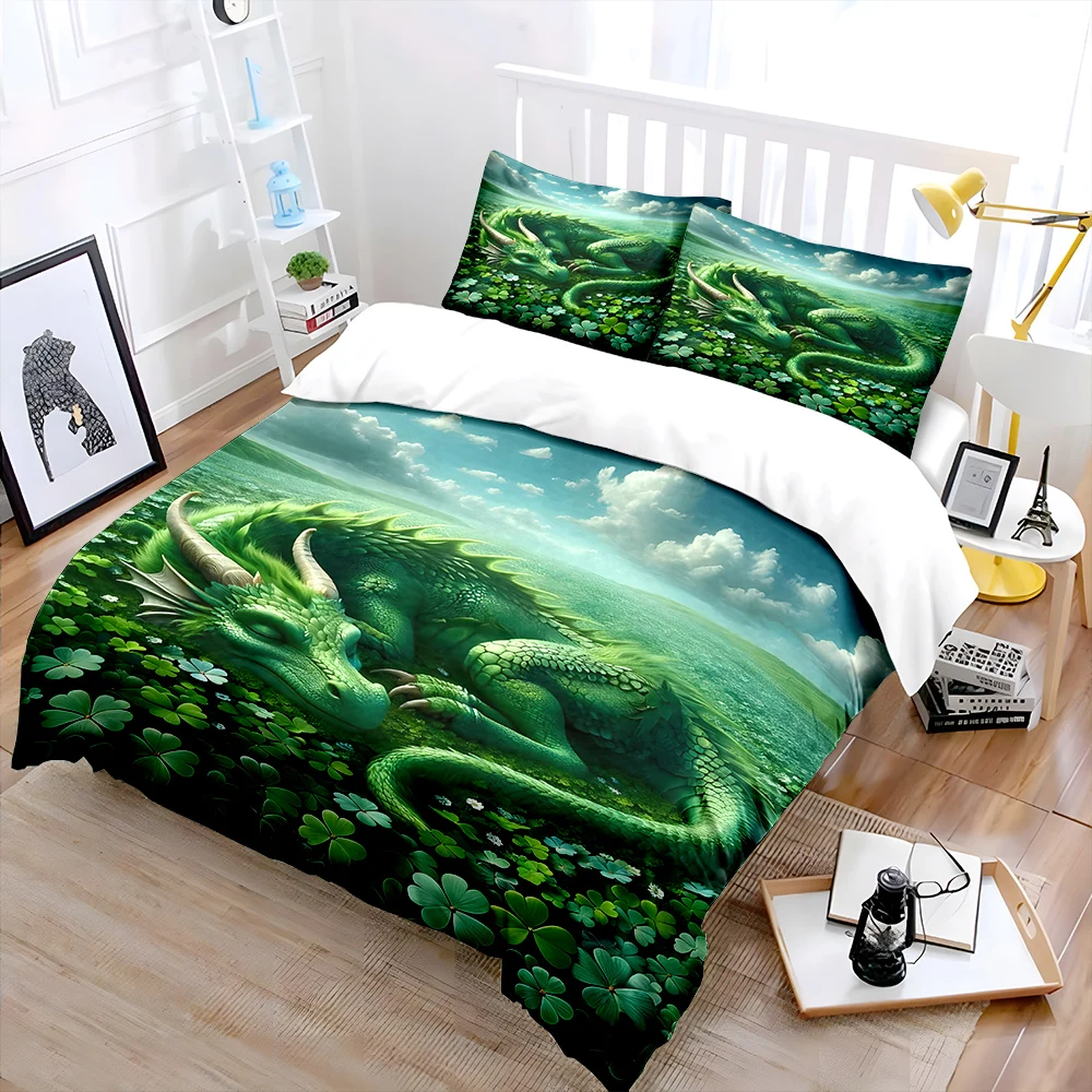 Green dragon sleeping in clovers Print Bedding Set 1 Duvet Cover 2 Pillowcases for Adult and Children Luxury Gift Full Size