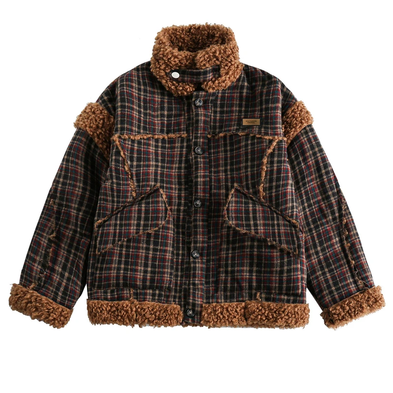 Men's Retro Plaid Woolen Cotton Jacket Thickened Warmth Japanese Style Plush Collar Baseball Suit Couple Versatile Fashion Coat