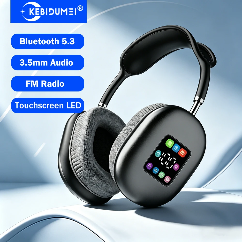 KEBIDUMEI Touch Screen Bluetooth 5.3 Headphones ANC HIFI Stereo Wireless Headset with FM Radio 3.5mm AUX Over Ear Earphones