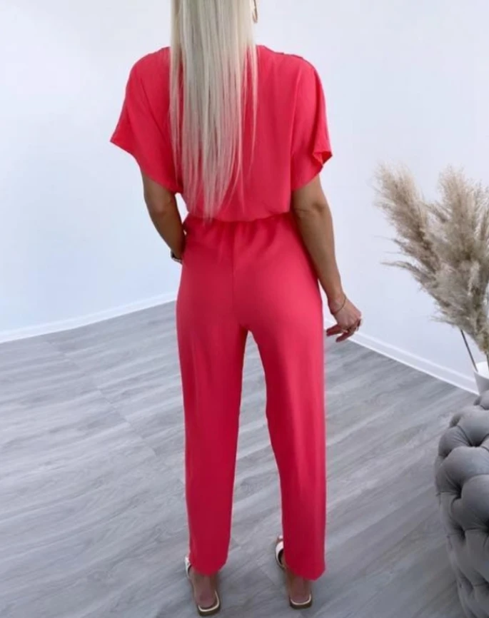 V-neck short sleeved pleated drawstring jumpsuit