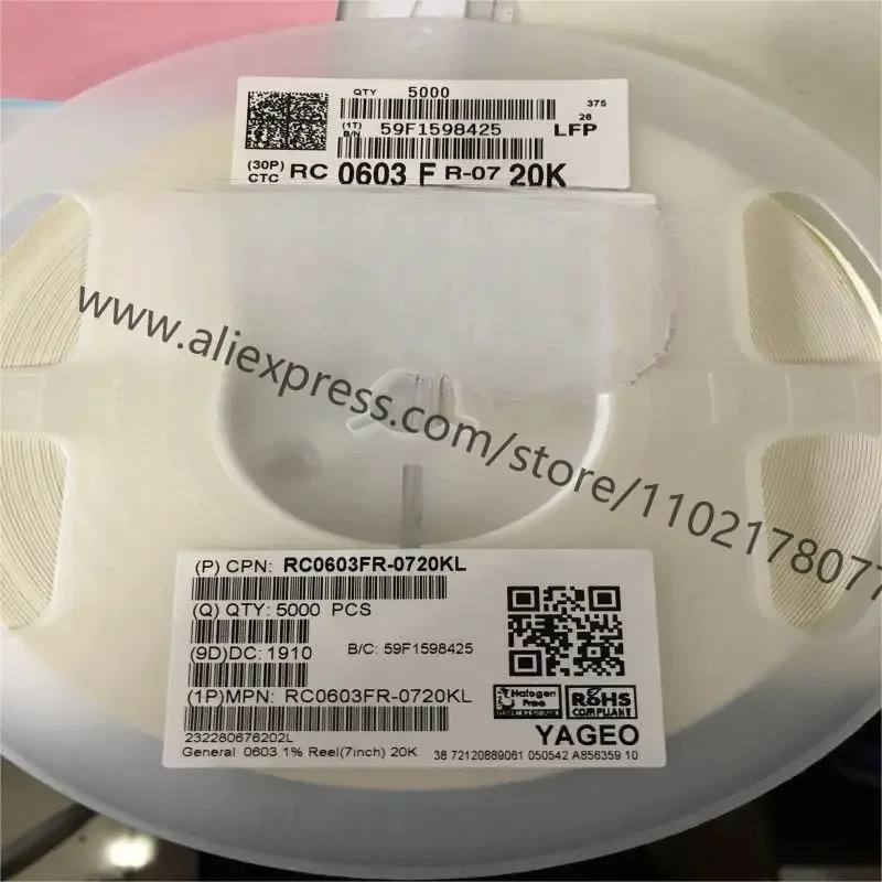 100~5000Pcs 603-20K-1% RC0603FR-0720KL Thick Film Resistor - SMD 20 kOhms 100mW 0603 1% Free Shiping