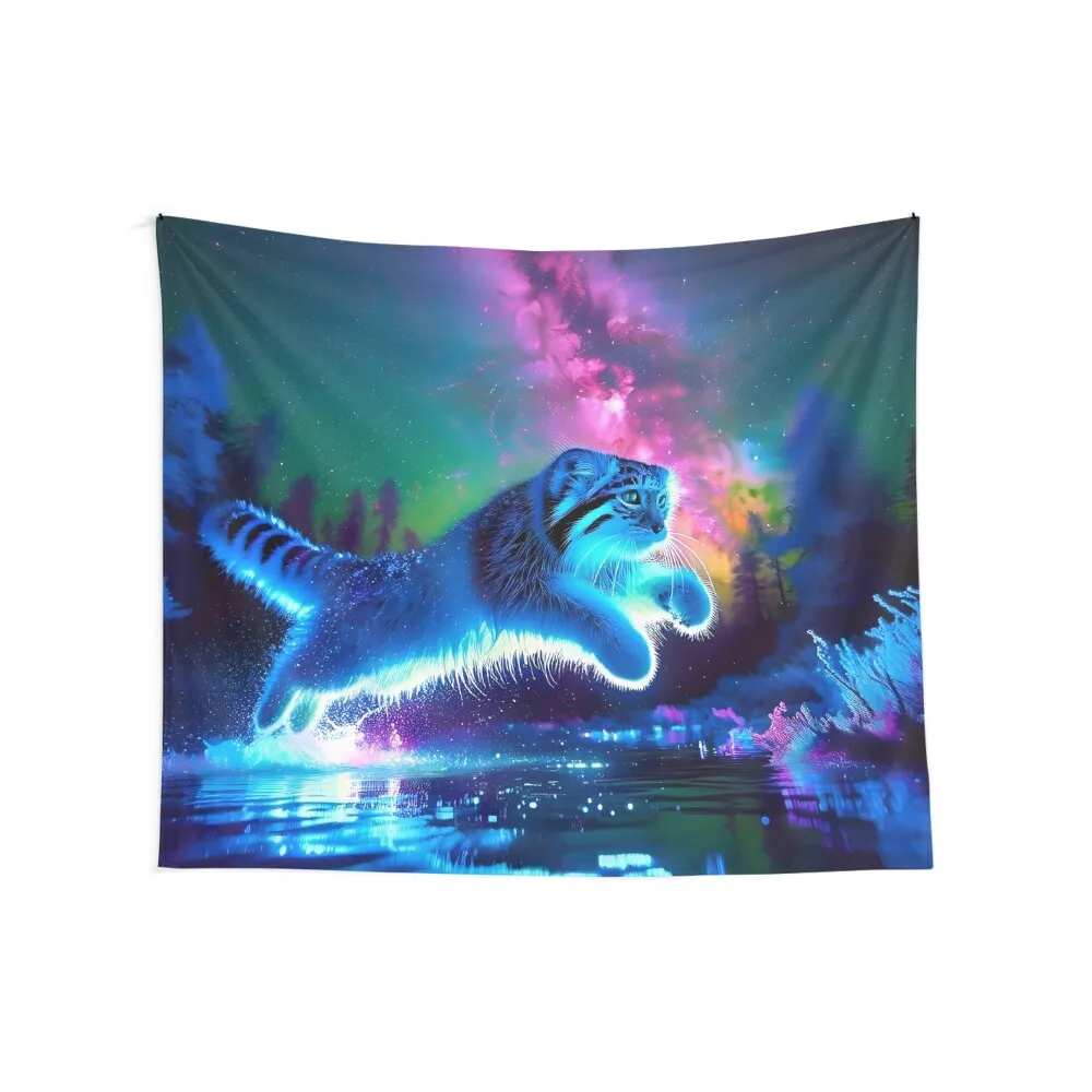 Blacklight Style Pallas Cat Luminous Leap - Mystical Feline Art Tapestry Aesthetic Room Decor Room Decor Cute Tapestry