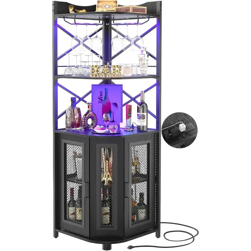 

Corner Bar Cabinet with Power Outlet, Industrial Wine & Liquor Cabinet with LED Strip and Glass Holder, 5-Tier Bar Unit