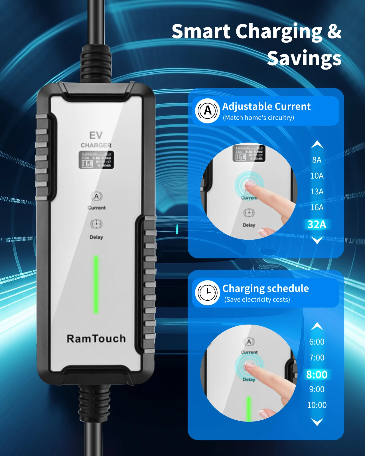 شاحن سيارة كهربائي RamTouch (7.4 كيلو وات، النوع 2، قابس CEE 32 أمبير، 6 متر)، شاحن EV محمول مع تيار قابل للتعديل (8 أمبير - 32 أمبير) / تأخير