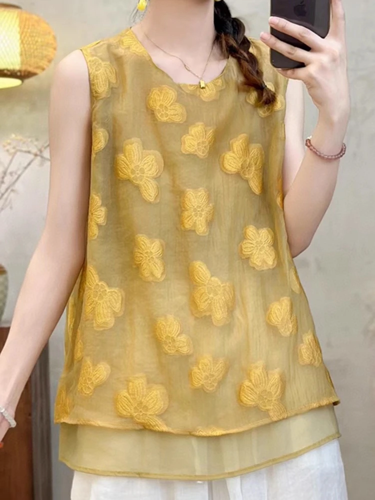 Faionable Gilet rotondo ricamato Ne Svel da donna Estate New Sle Large Size Fat MM Capispalla Top Materiale in poliestere