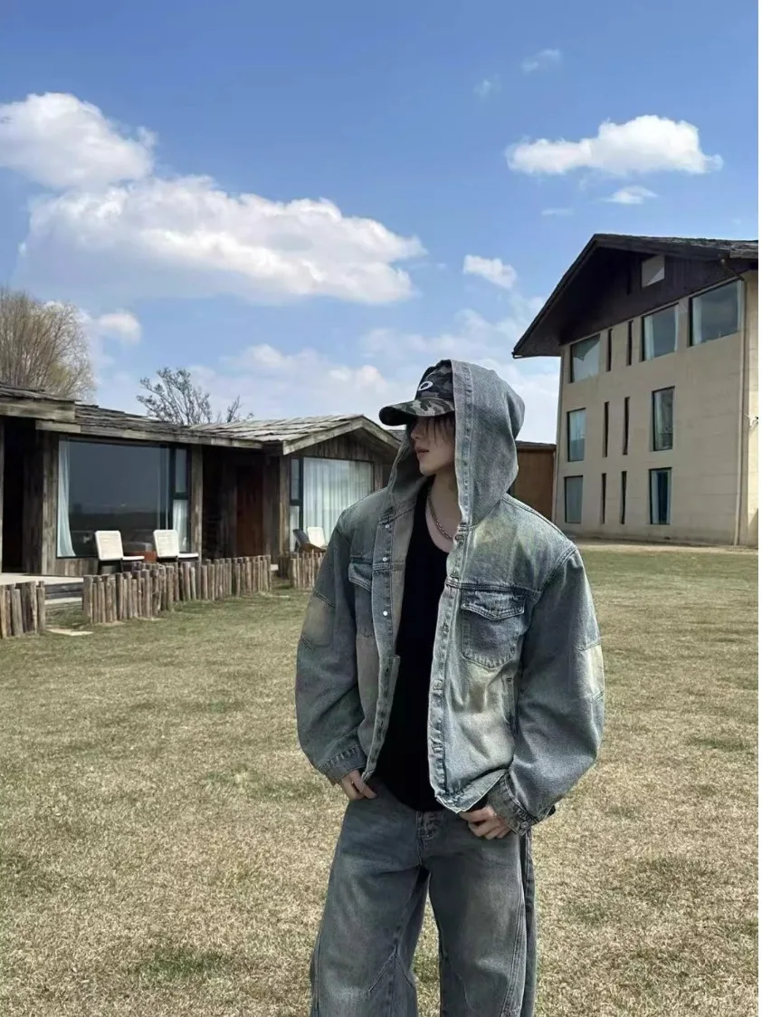 

Мужской повседневный джинсовый комплект American Sle: куртка с капюшоном свободного кроя и деконструированные джинсы с эффектом потертости, из полиэстера, с длинными рукавами и длинными брюками