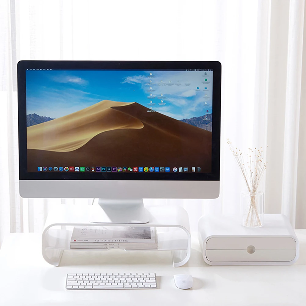 

Sturdy Computer Screen Stand White Desktop Organizer Storage Rack Cable Management Home Office Monitor Shelf Power Strip Storage
