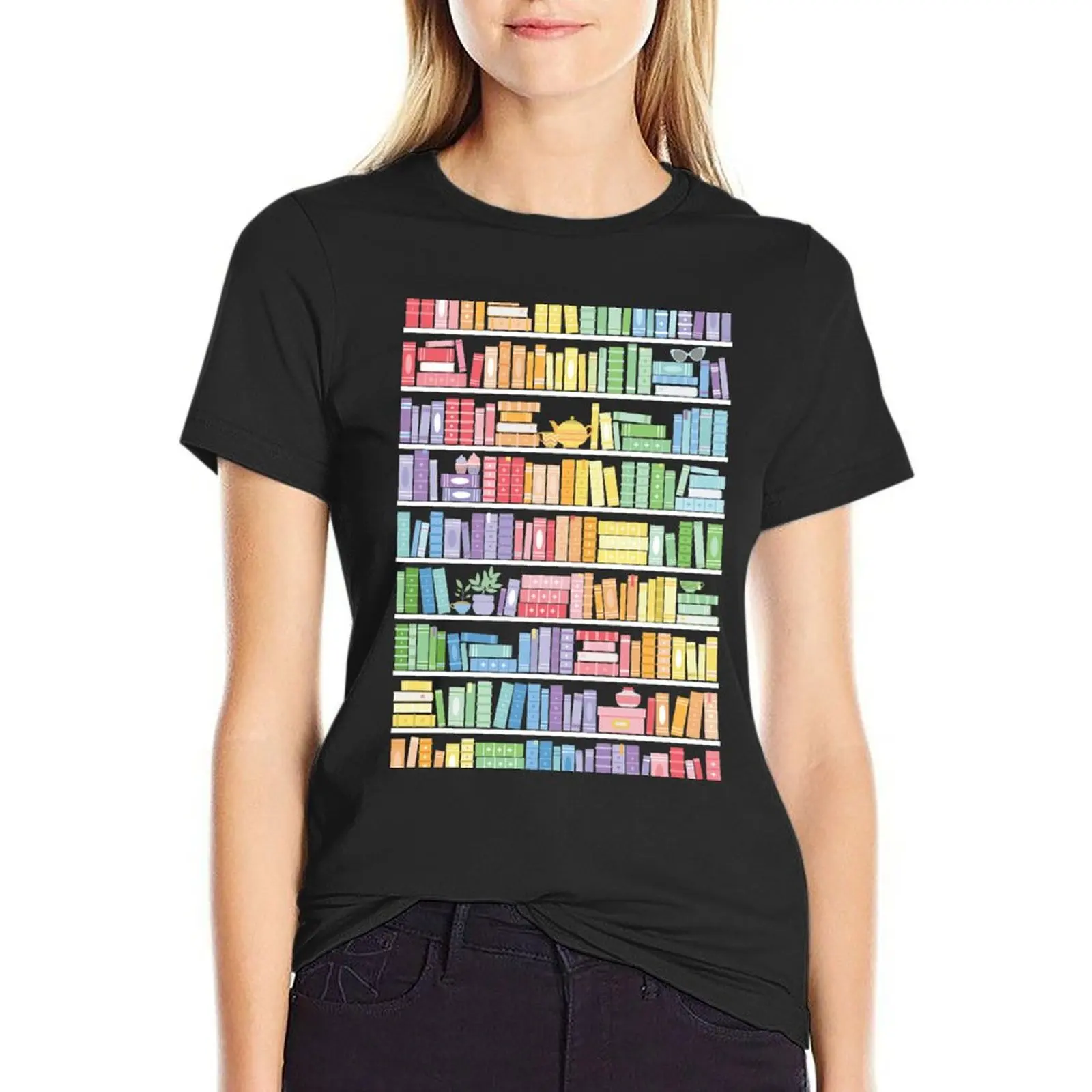 Rainbow Books Shelf Pattern (Black Background) T-Shirt oversized hippie clothes Blouse t-shirts for Women pack