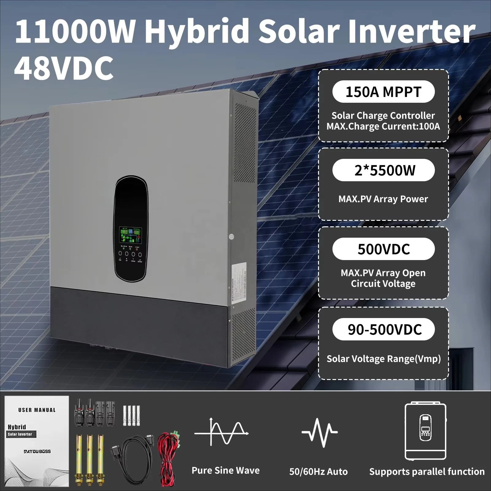 11KW 48V There Phase Supports Parallel 48V DC to 20V 230V AC  Hybrid Solar Inverter with MPPT  Controller