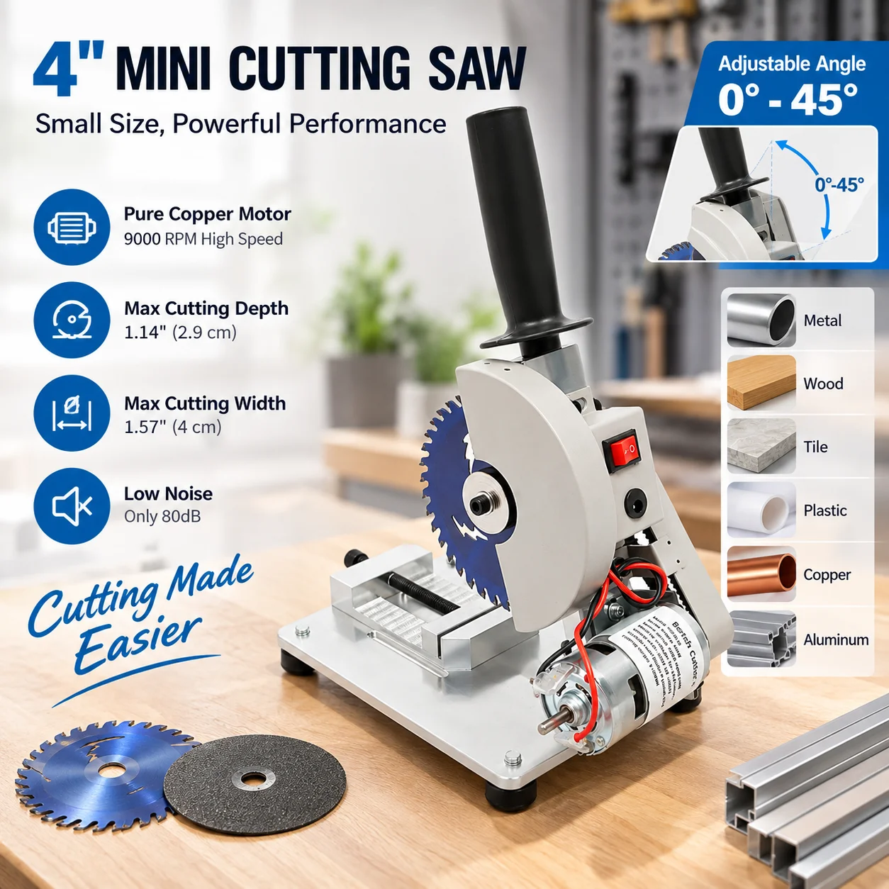 4-Zoll 96W Mini-Tischkreissäge Tragbare Tischkreissäge Manuelle Tischkreissäge 9000RPM 0-45 °   Einstellbare Schräghöhe, maximale Schnitttiefe 1,14 Zoll, Motor aus reinem Kupfer, EU-Stecker, 2