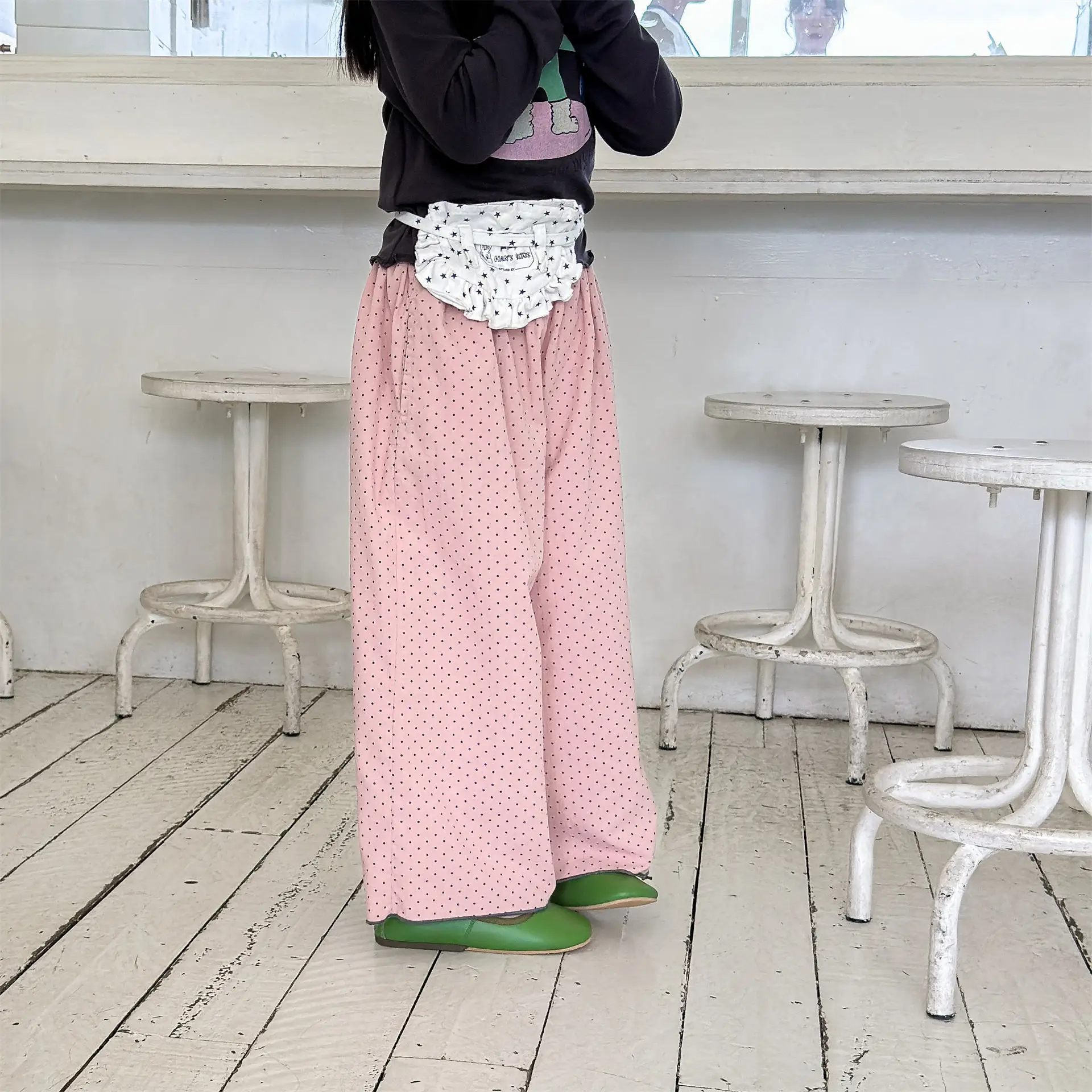 Girls Pants 2026 Spring Summer New Korean Version Pink Polka Dot Wide Leg Pants Casual Fashionable Daily Stylish Wear