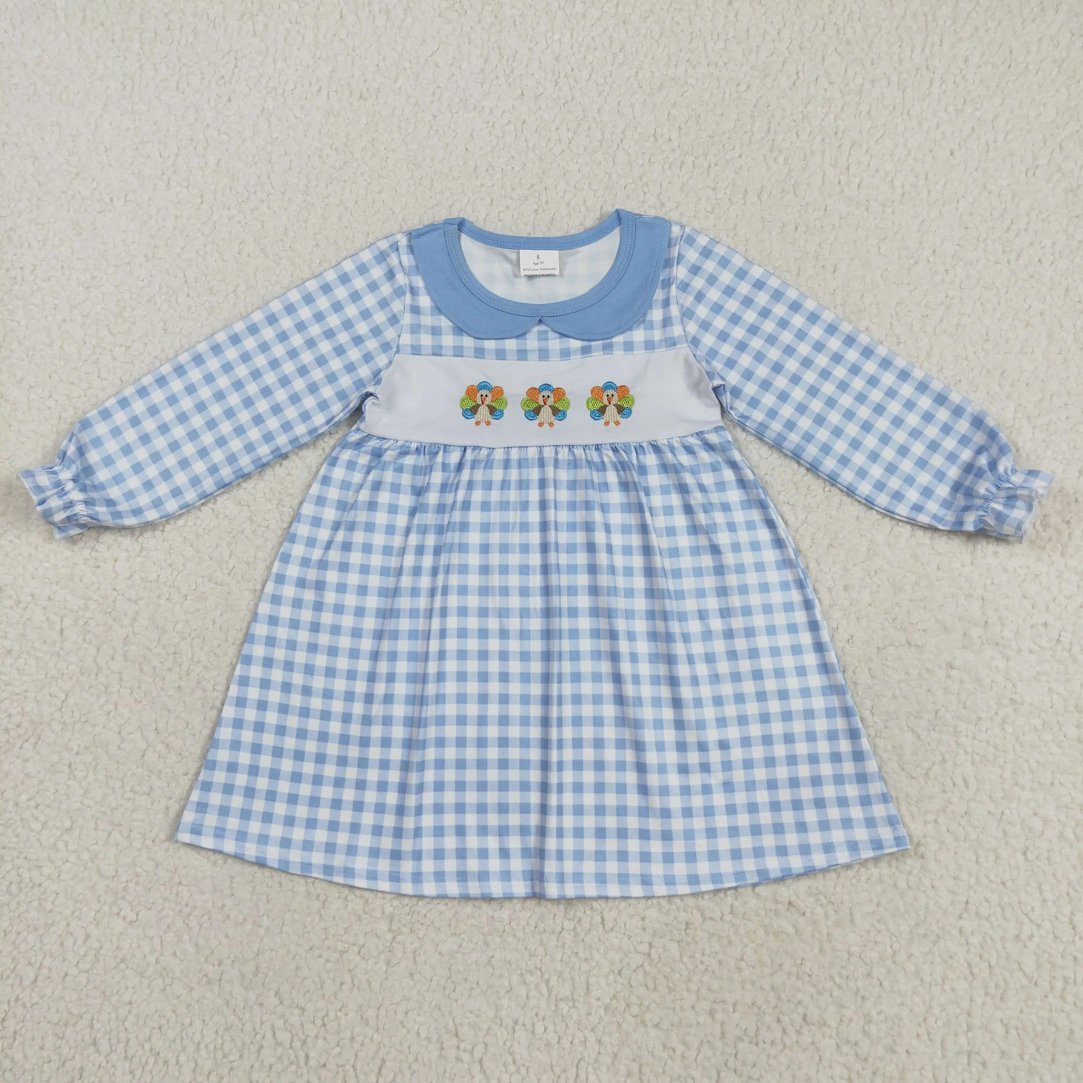 

Baby Girls Blue Checkered Thanksgiving Turkey Embroidery Dress Long Sleeves Ruffle Knee-Length Plaid Kids Dress for Thanksgiving