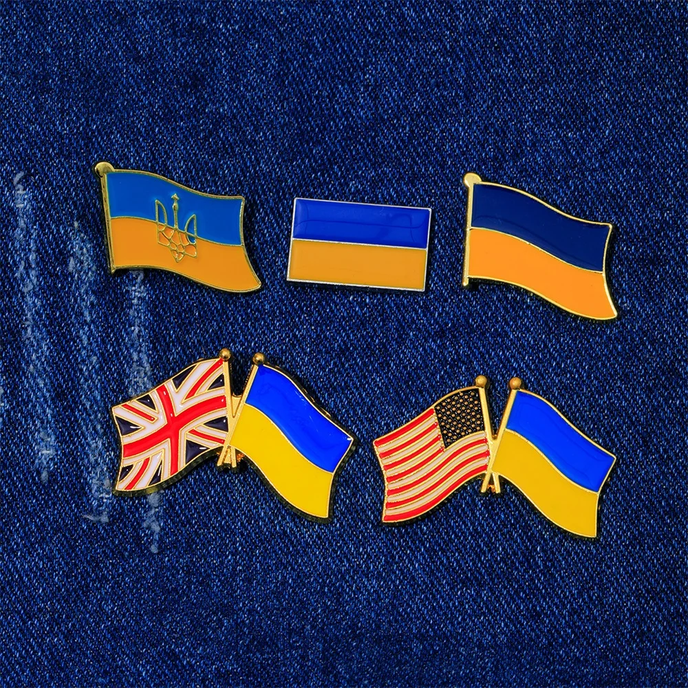 5 Pcs /Set Friendship Flag between Ukraine and the United States and UK USA Pins Golden Brooches For Backpack Bag Hat