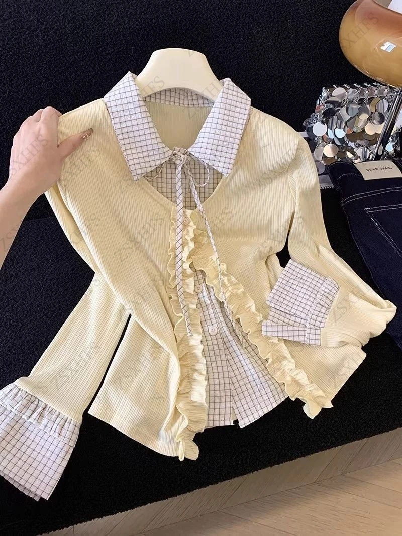 Yellow Polo Shirt False Two-piece 2026 Korea Aesthetic Crop Tops T shirt Harajuku Vintage Camis Cute Women Clothing Y2k T shirts