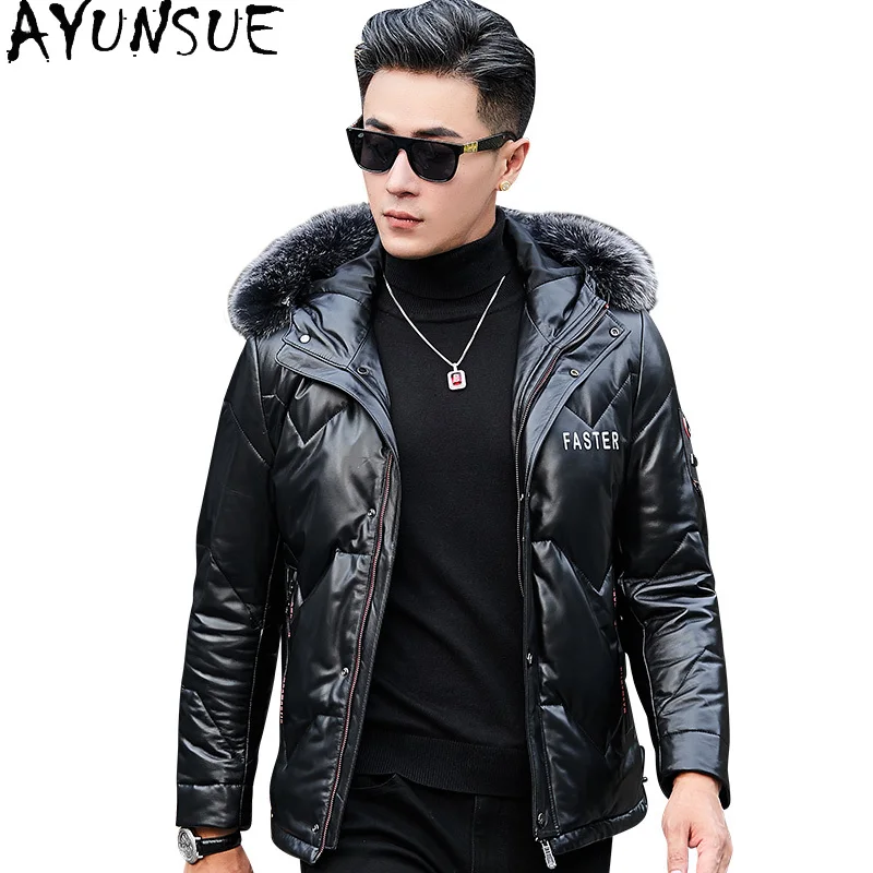 AYUNSUE Genuine Leather Jackets Sheepskin Men's Leather Jacket Fox Fur Collar Down Winter Leather Jacket Кожаная Куртка Мужская