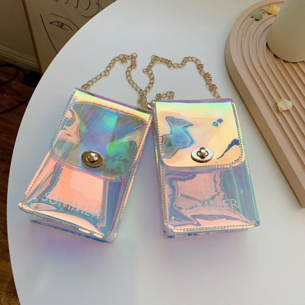 

PVC Transparent Crossbody Bag Waterproof Mini Laser Shoulder Bag Korean Style Phone Bag Vacation Beach Bag