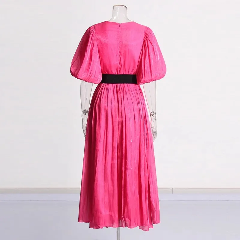 Franse Luxe Plooien Bruiloft Formele Gelegenheid Jurk Dames V-Hals Poff Mouw Riem Hoge Split Geplooide Glans Gewaad Kleding Vakantie