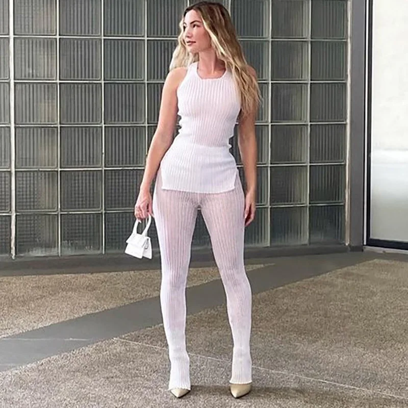 Summer New Women's Clothing Sleeveless Split-ended T-shirt Fashion Slim-fitting Perspective Trousers Casual Suit Women