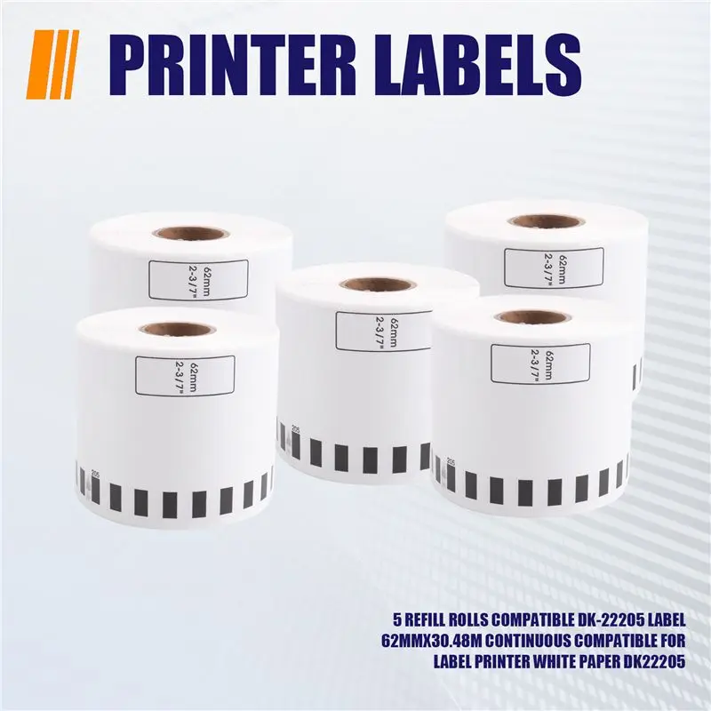 Delicate Texture-5 Refill Rolls Compatible DK-22205 Label 62Mmx30.48M Continuous Compatible For Brother Label Printer White Pape