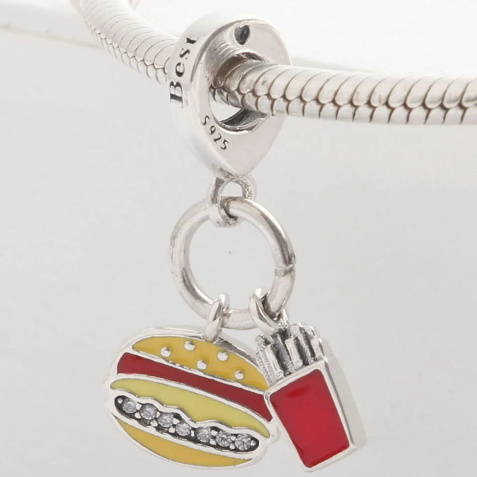 Authentic 925 Sterling Silver Mixed Enamel Burger & Fries With Crystal Pendant Charm Fit Woemn Bracelet Bangle DIY Jewelry