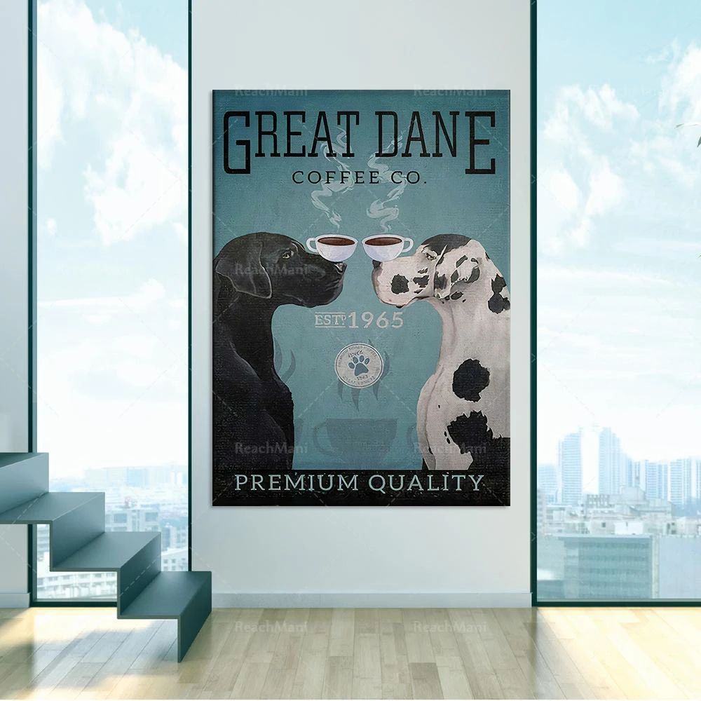 Great Dane Coffee Co Poster, Black and Dalmatians Art Print, Great Dane Canvas Print, Dog Lover Poster, Great Dane Gift