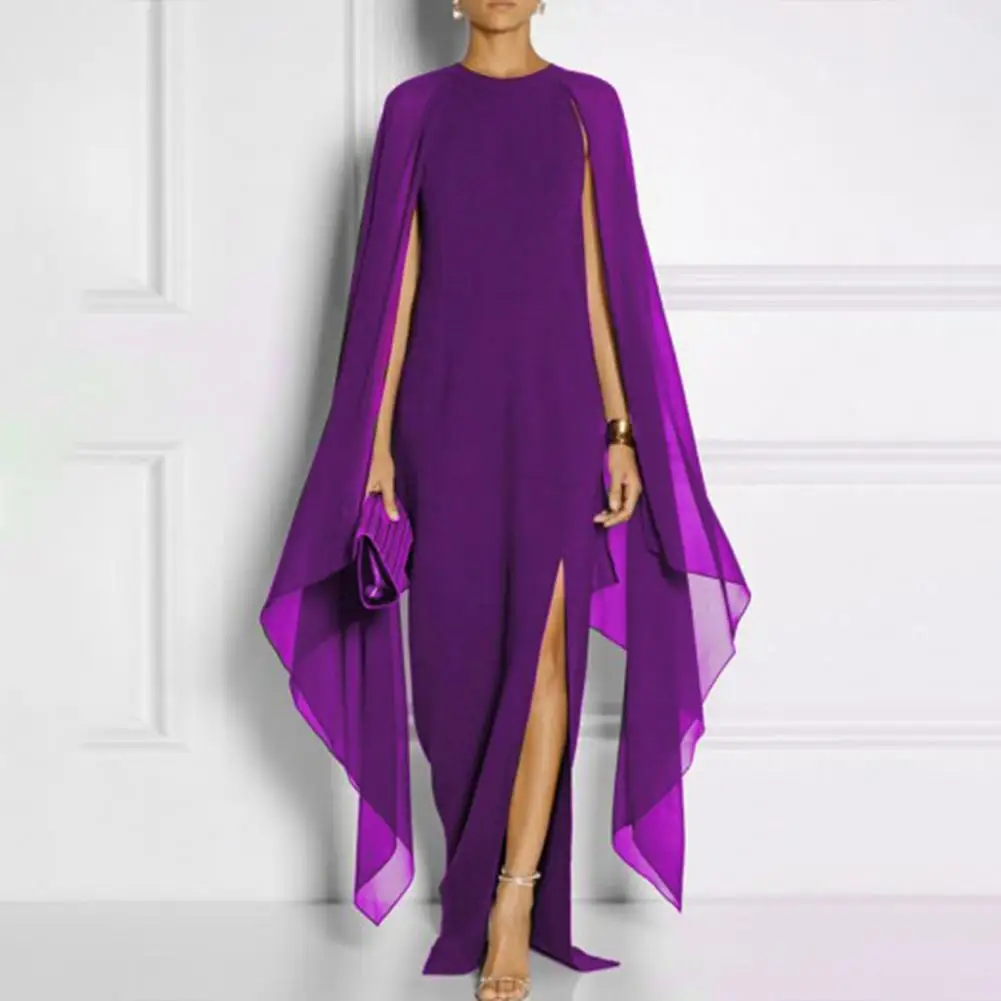 Women Gown Dress Split Layer Shawl Design Gown Dress Elegant Women's Solid Color Chiffon Maxi Dress with O-neck Irregular Split