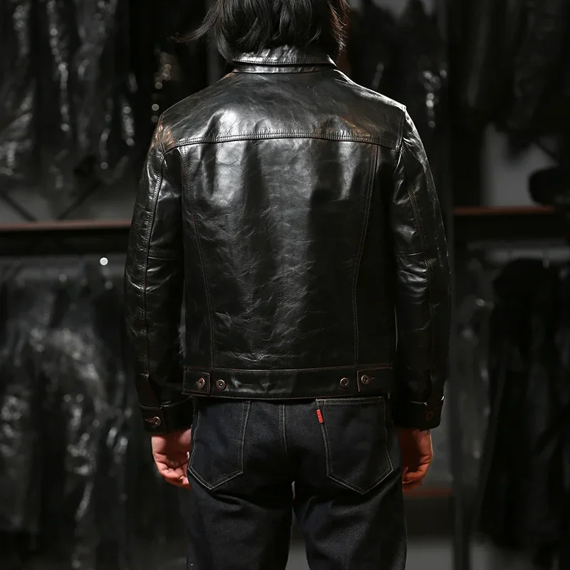 .American denim style real leather jacket.Men plus size horsehide coat.hard slim fit Rider's leather wear.Retro