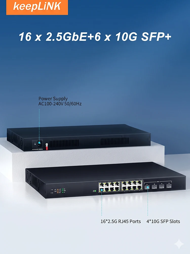 KeepLlink 20-Port Multi-Gig Unmanaged Netzwerk-Switch |   16 x 2,5GbE RJ45 + 4 x 10G SFP+ Uplink |   Rackmontage