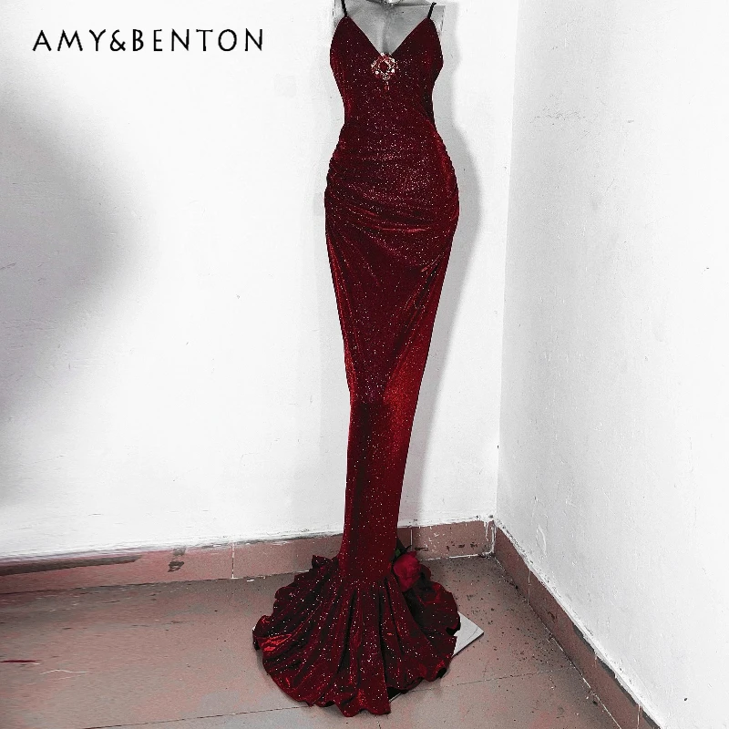 

Original Design Red Gothic Sparkling Sequin Sexy Women's Dress Autumn New Sexy Hot Girl Floor-Length Gown Long Dresses Ladies