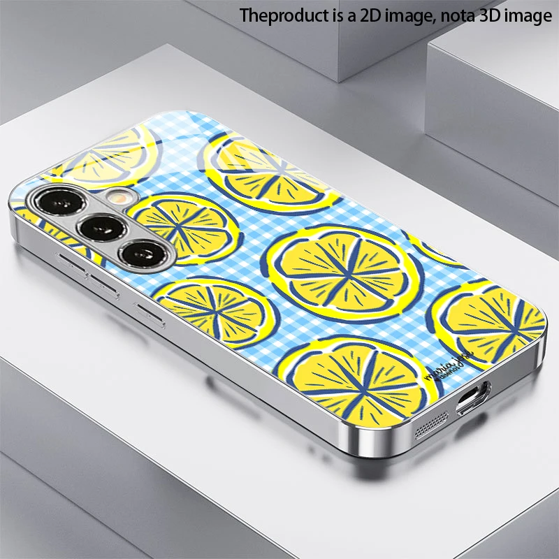 Lemon Patterned Plaid 2D Phone Case for Samsung S26 S25 S24 S23 S22 S21 S20 A56 A36 A16 - Electroplated Glass Protective Cover