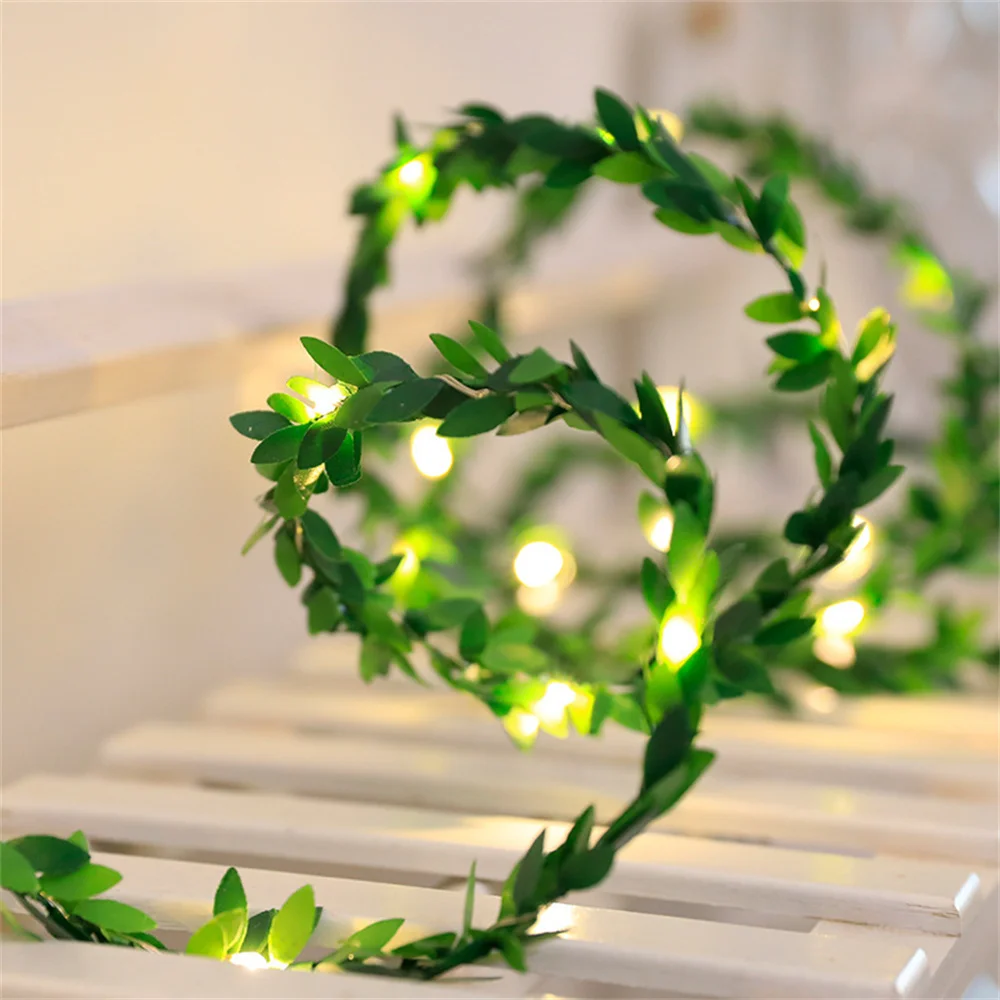 2M/3M/5M/10M Warm White Green Leaf Garland String Lights Holiday Copper Wire Fairy Lamp for Christmas Party New Year Wedding