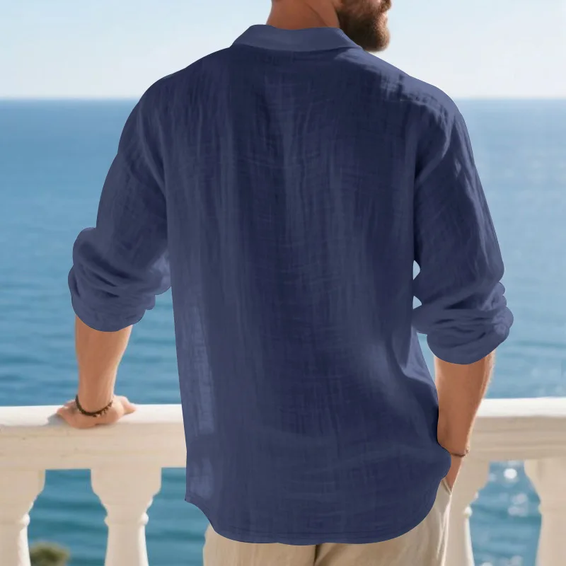 Leinen-Hemd mit Stehkragen und Knopfleiste, Herren Locker Sitzendes Atmungsaktives V-Ausschnitt Langarm-Polohemd – Detail 12